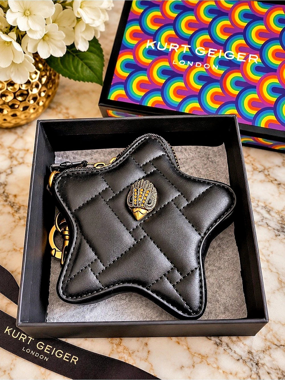 Kurt Geiger Kensington Star Charm Black Quilted Coin Purse NWT Box